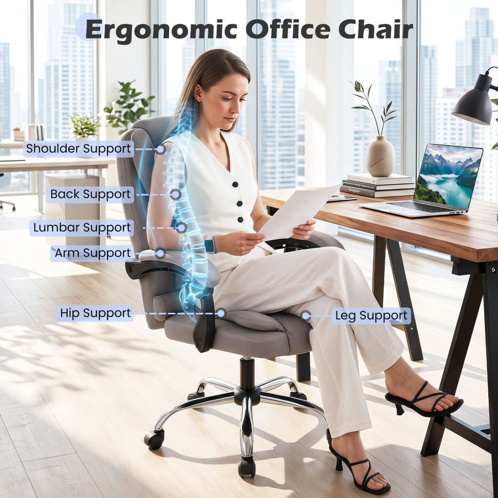Big High Back Executive Chair with Linkage Armrests and Leather Padded Seat for Office-Gray