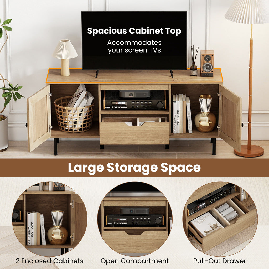 Boho TV Stand for 60 Inch TV Entertainment Center with Cabinets and Storage Shelf-Natural