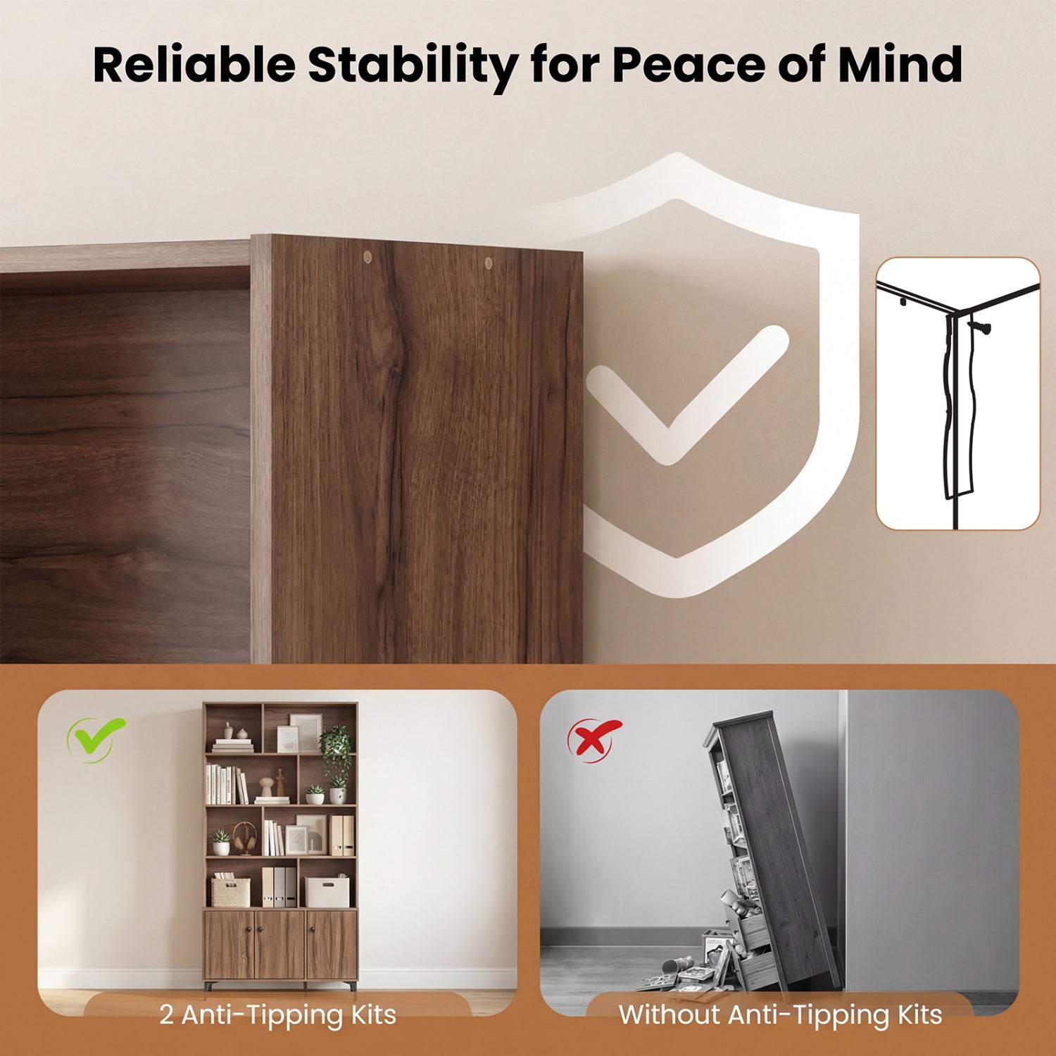 Bookshelf with 3 Doors and 2 Anti-Tipping Kits for Home Office-Walnut