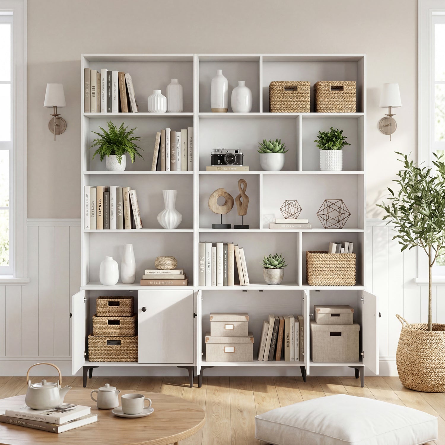 Bookshelf with 3 Doors and 2 Anti-Tipping Kits for Home Office-White