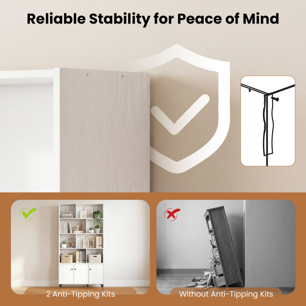 Bookshelf with 3 Doors and 2 Anti-Tipping Kits for Home Office-White