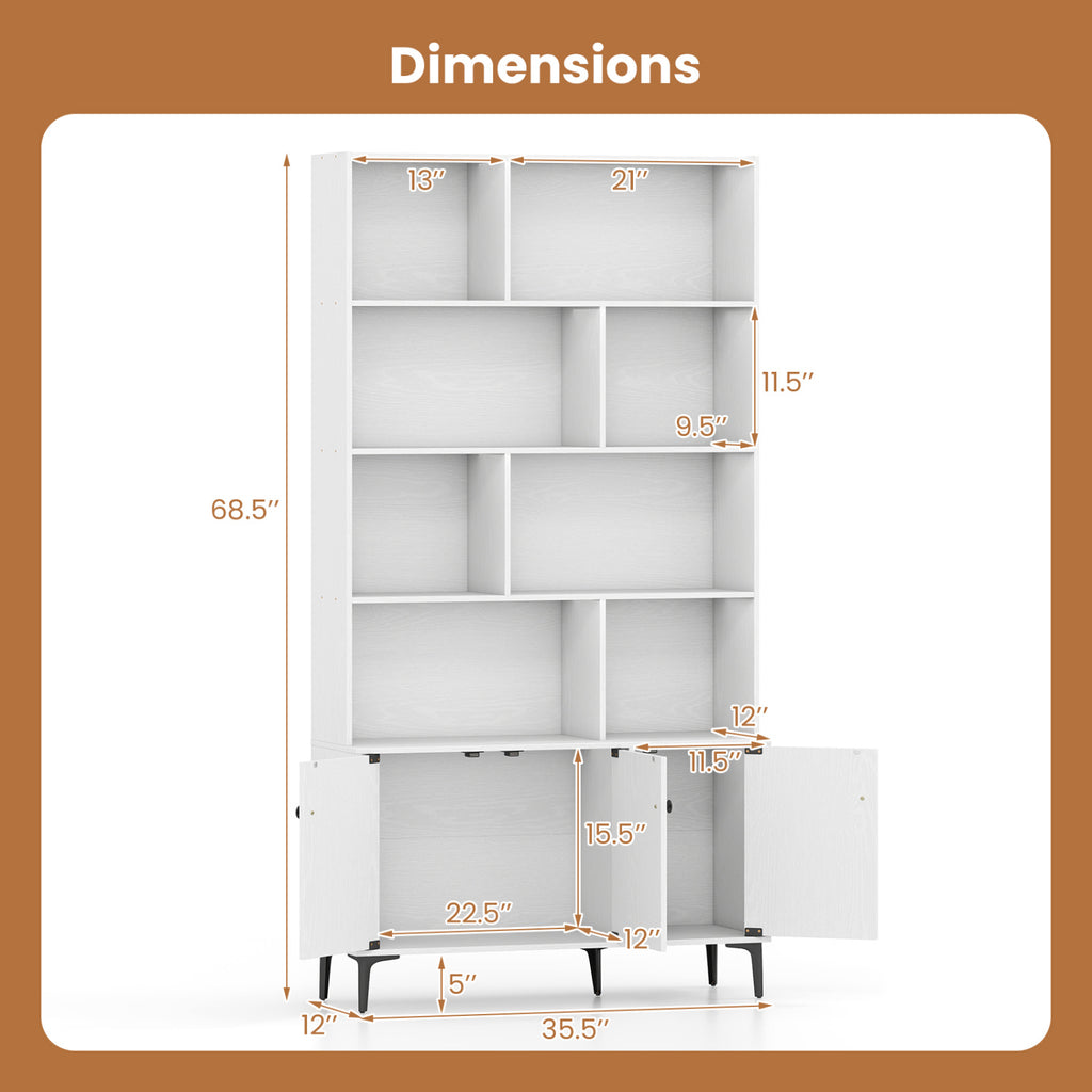 Bookshelf with 3 Doors and 2 Anti-Tipping Kits for Home Office-White
