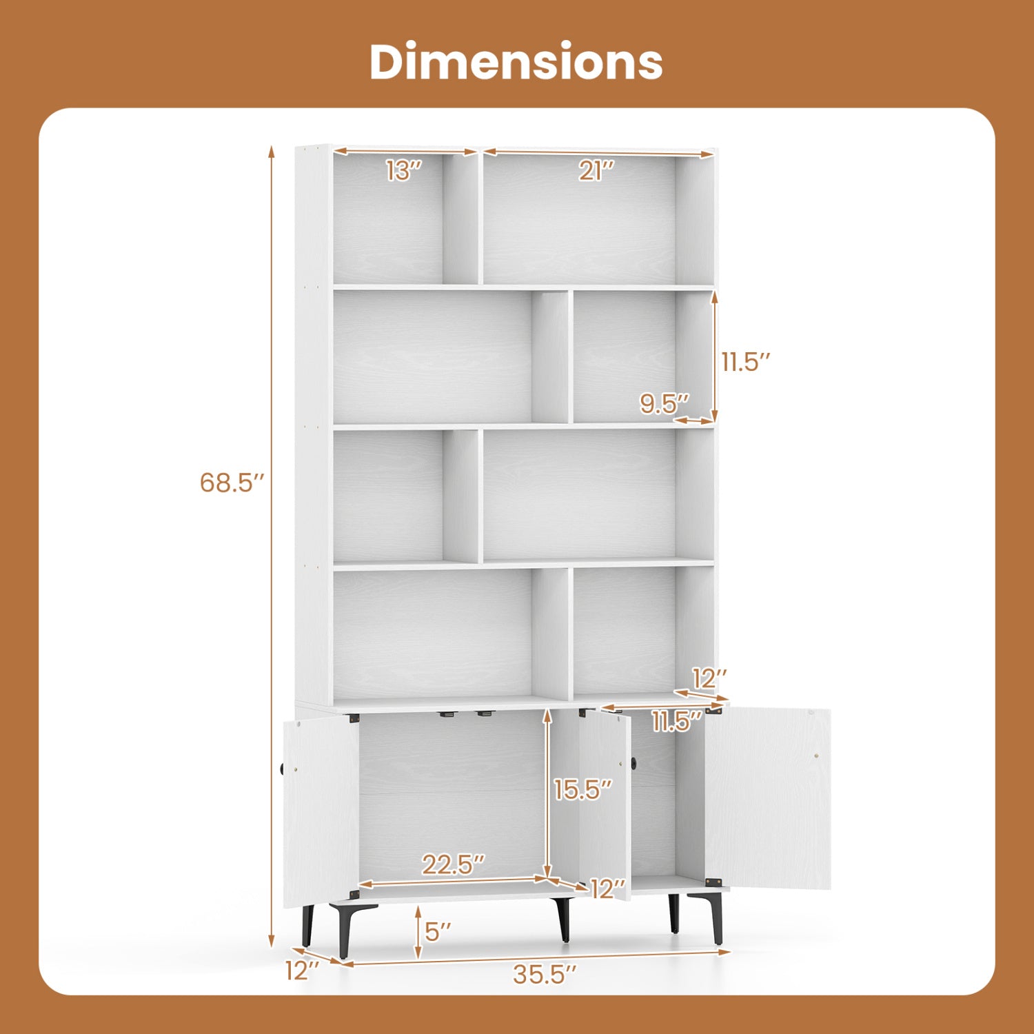 Bookshelf with 3 Doors and 2 Anti-Tipping Kits for Home Office-White