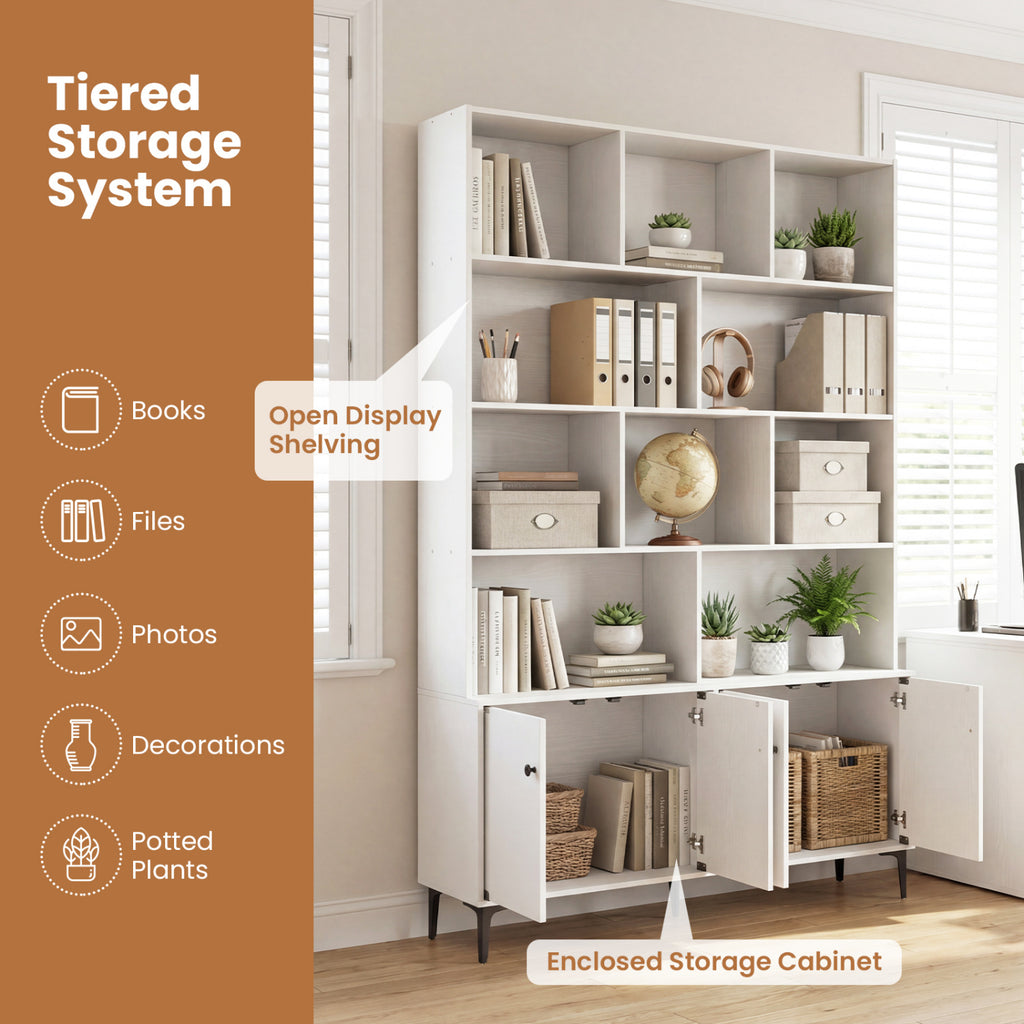Bookshelf with 4 Doors and 2 Anti-Tipping Kits for Home Office-White