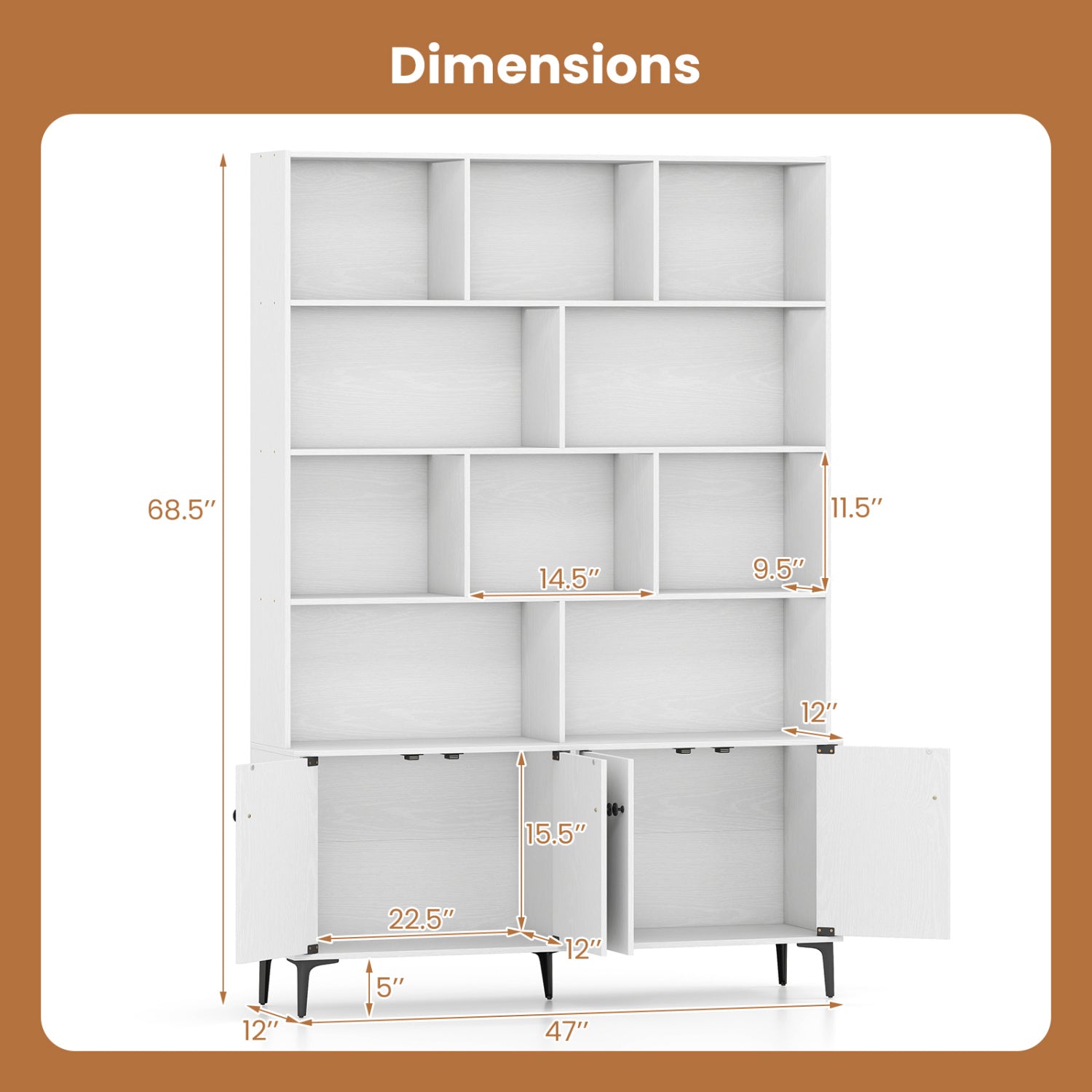 Bookshelf with 4 Doors and 2 Anti-Tipping Kits for Home Office-White