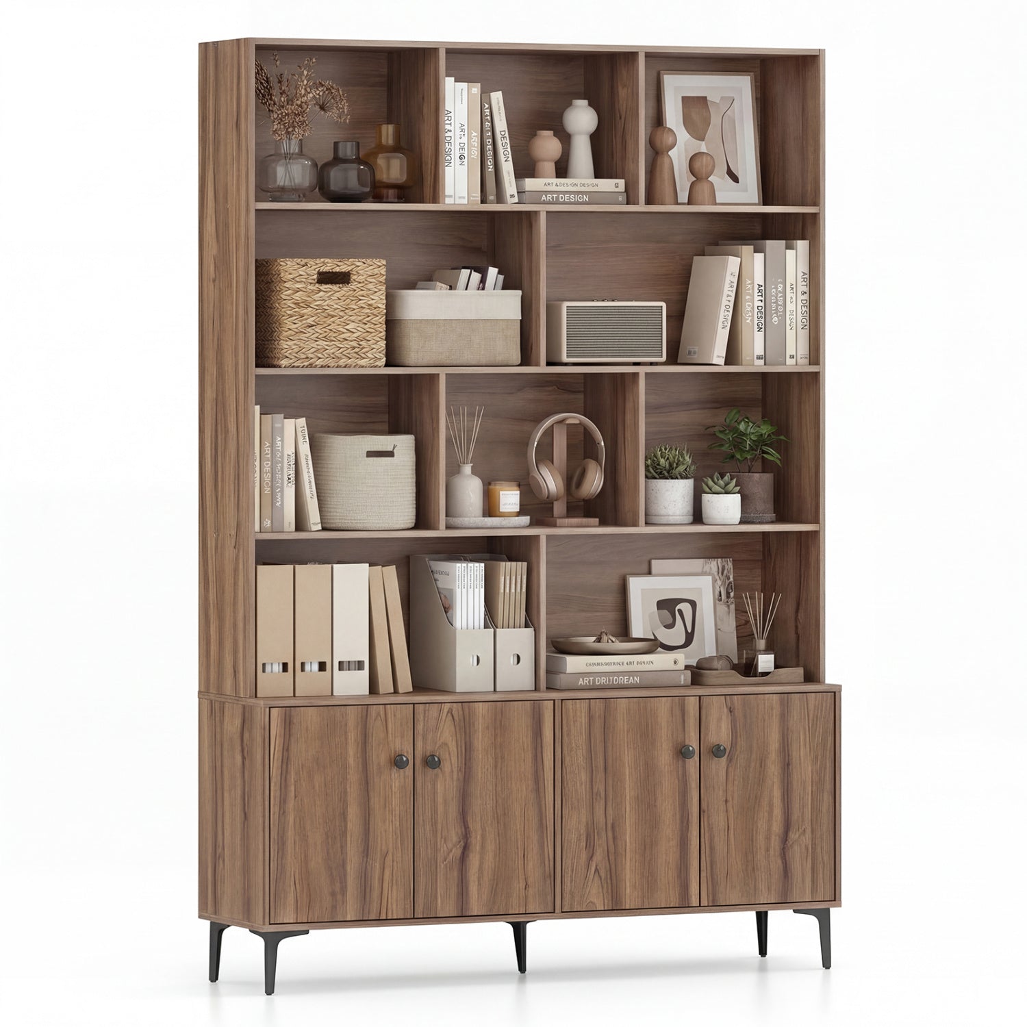 Bookshelf with 4 Doors and 2 Anti-Tipping Kits for Home Office-Walnut
