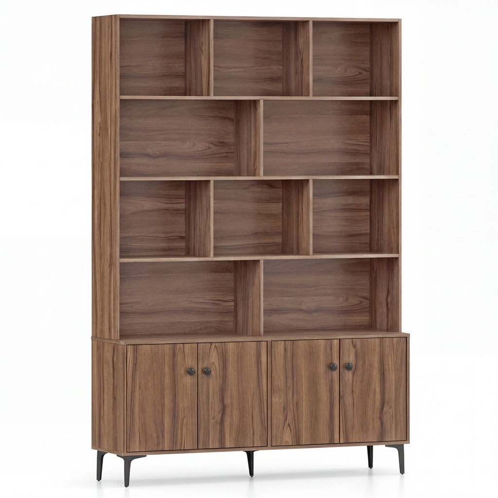 Bookshelf with 4 Doors and 2 Anti-Tipping Kits for Home Office-Walnut