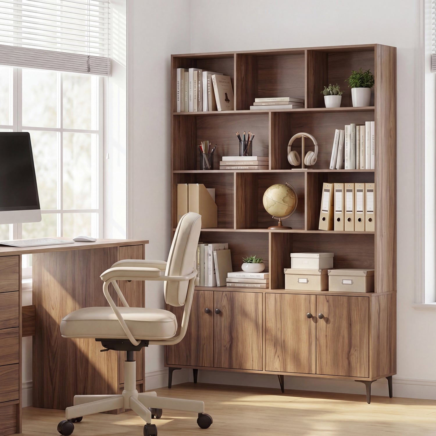 Bookshelf with 4 Doors and 2 Anti-Tipping Kits for Home Office-Walnut
