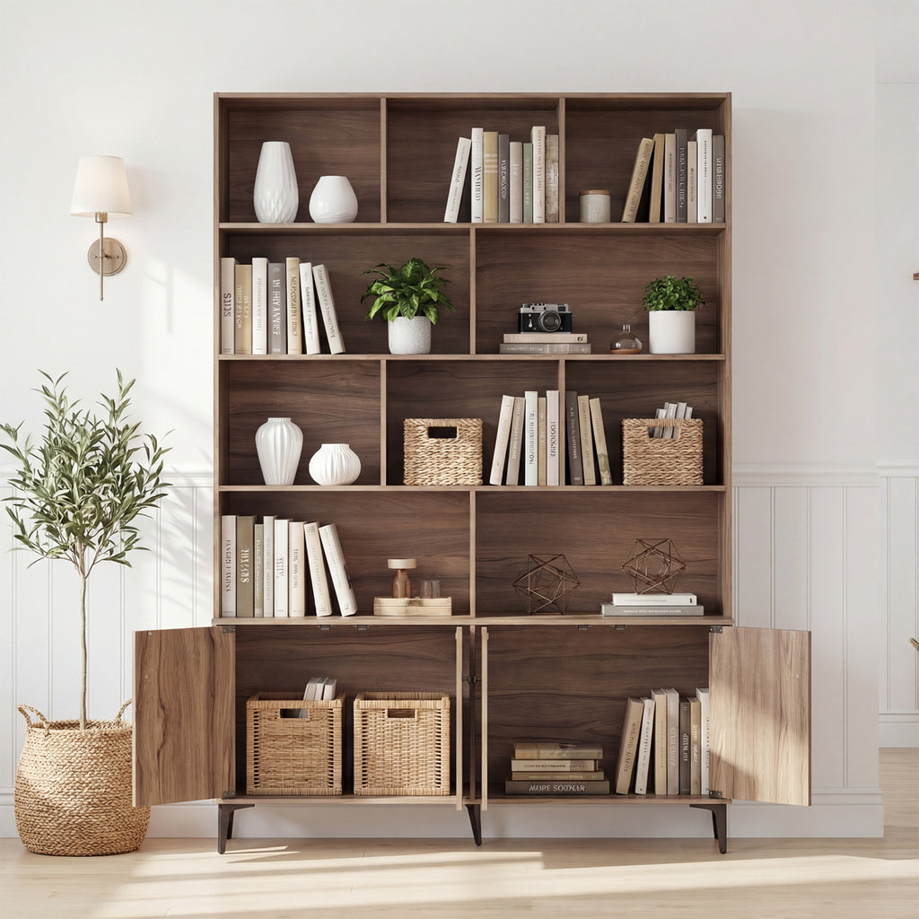 Bookshelf with 4 Doors and 2 Anti-Tipping Kits for Home Office-Walnut