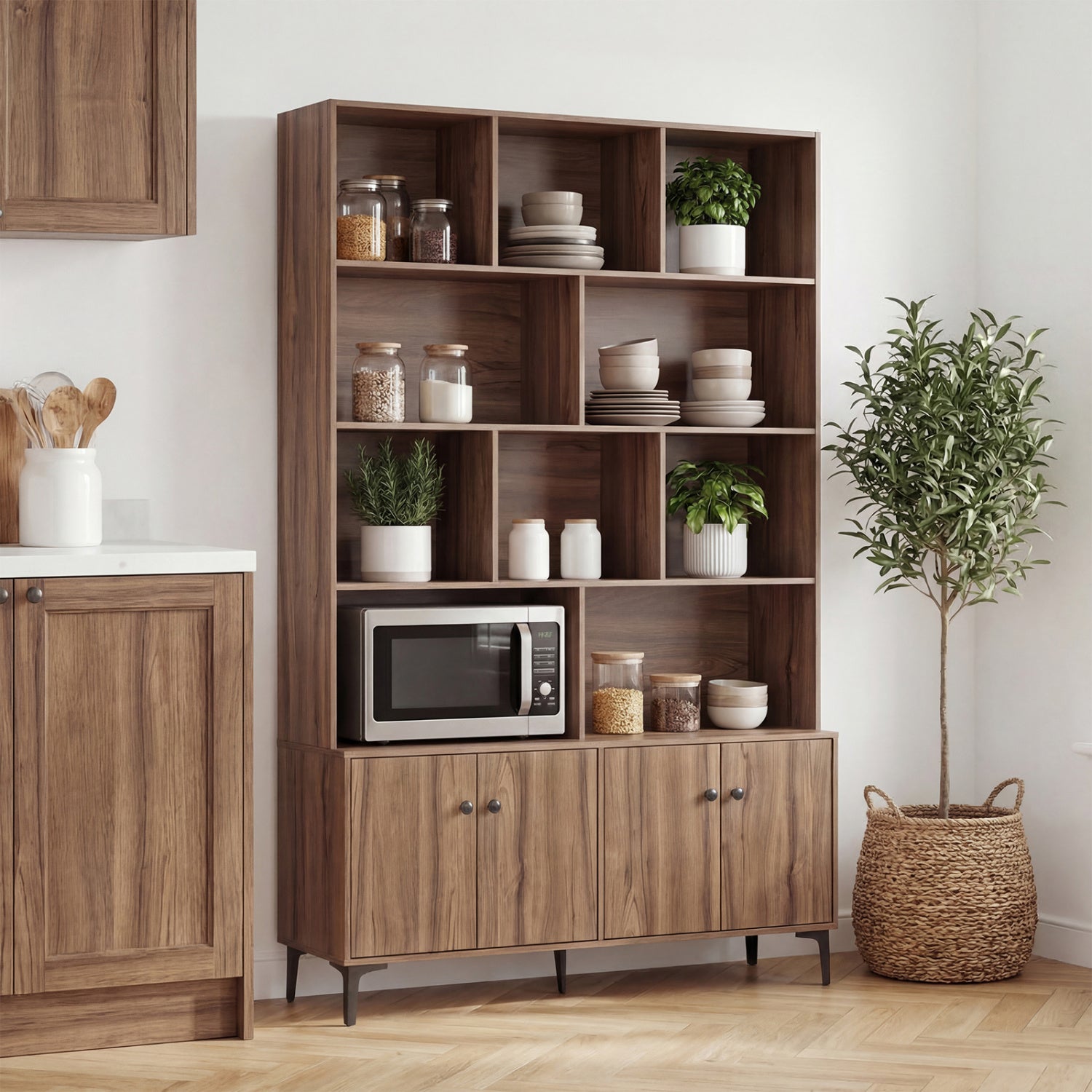 Bookshelf with 4 Doors and 2 Anti-Tipping Kits for Home Office-Walnut