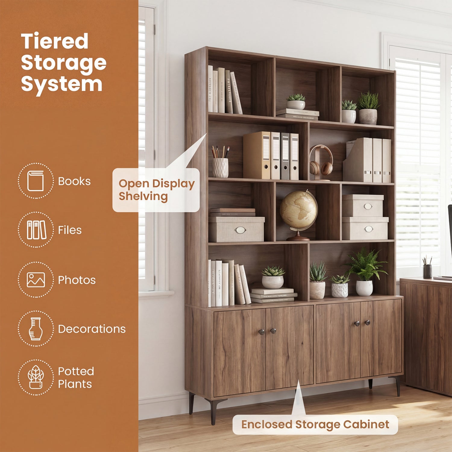 Bookshelf with 4 Doors and 2 Anti-Tipping Kits for Home Office-Walnut