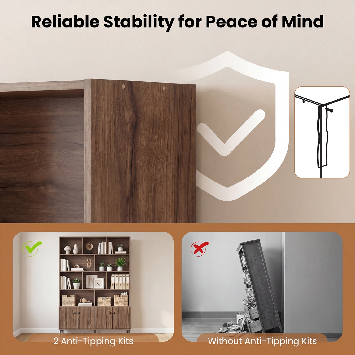 Bookshelf with 4 Doors and 2 Anti-Tipping Kits for Home Office-Walnut