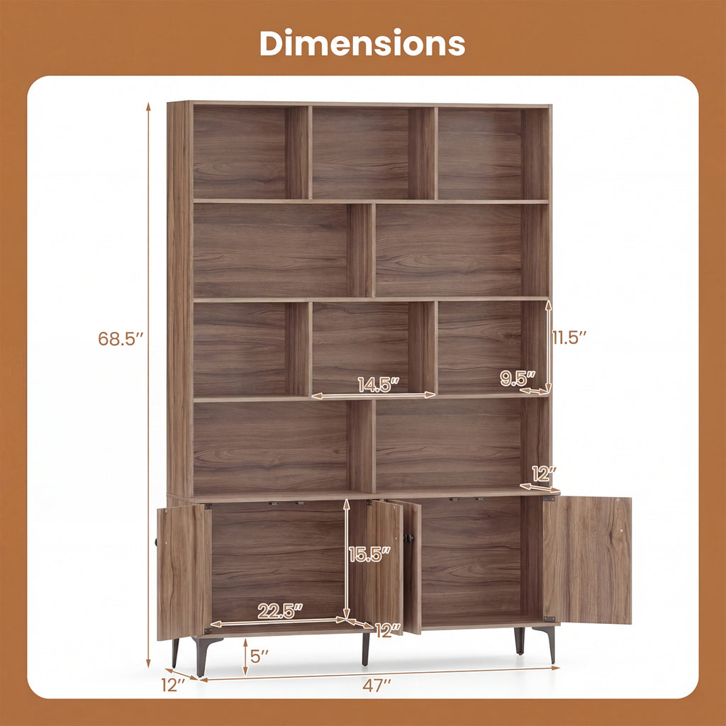 Bookshelf with 4 Doors and 2 Anti-Tipping Kits for Home Office-Walnut