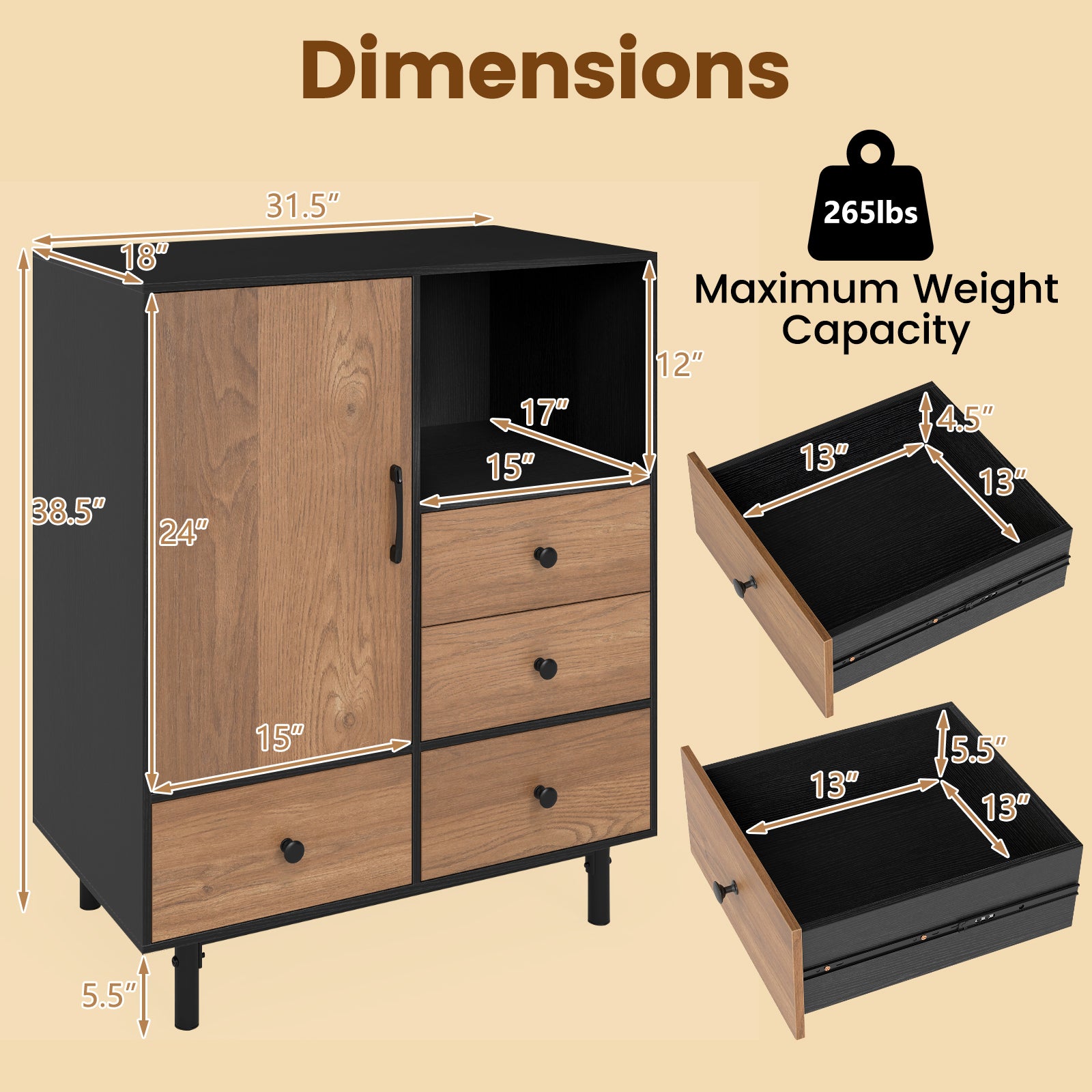 Buffet Sideboard Mid Century Modern Storage Cabinet with 4 Drawers and Open Compartment-Black