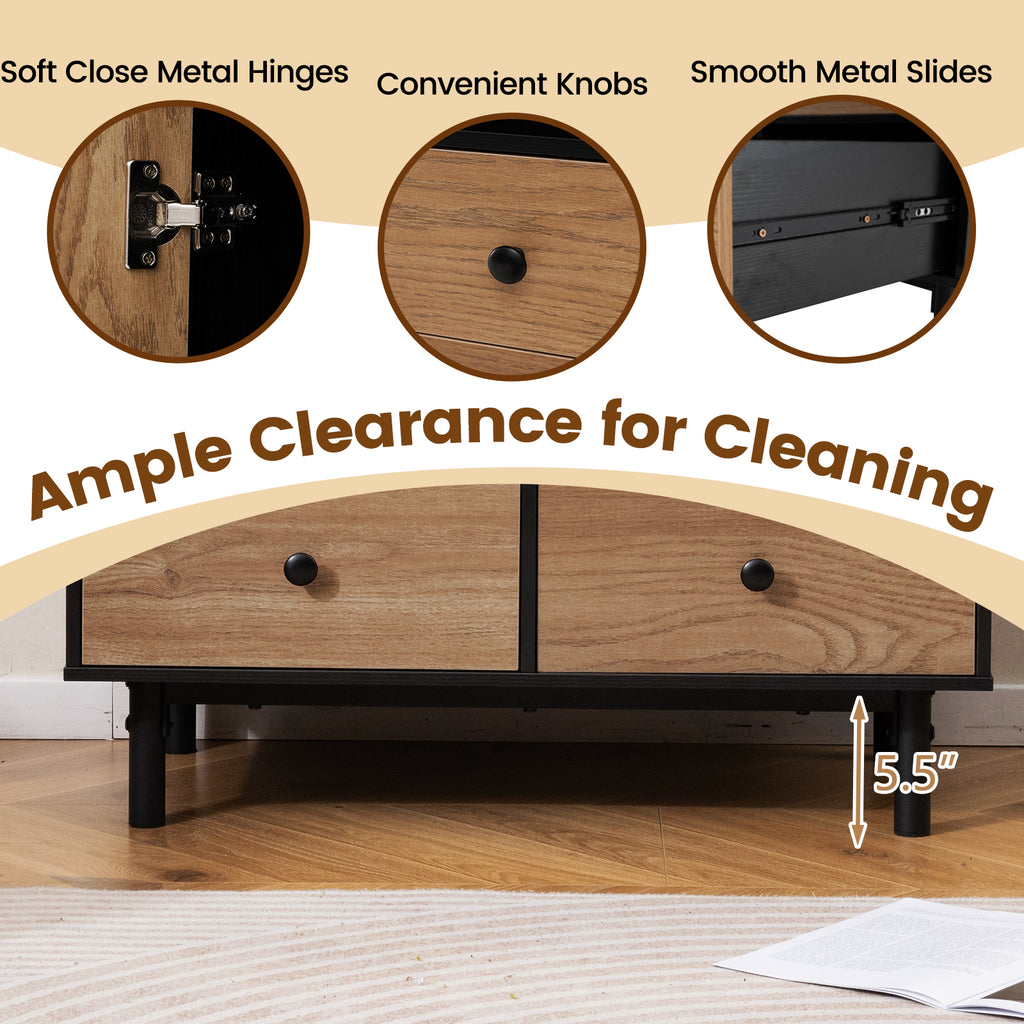 Buffet Sideboard Mid Century Modern Storage Cabinet with 4 Drawers and Open Compartment-Black