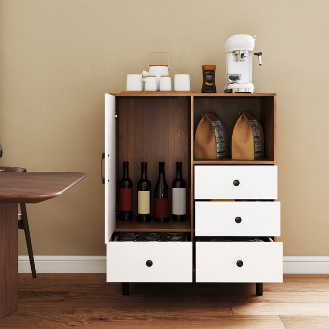 Buffet Sideboard Mid Century Modern Storage Cabinet with 4 Drawers and Open Compartment-Natural