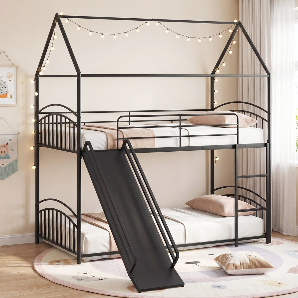 Bunk Bed Twin Over Twin House Bunk Bed Frame with Metal Slats-Black