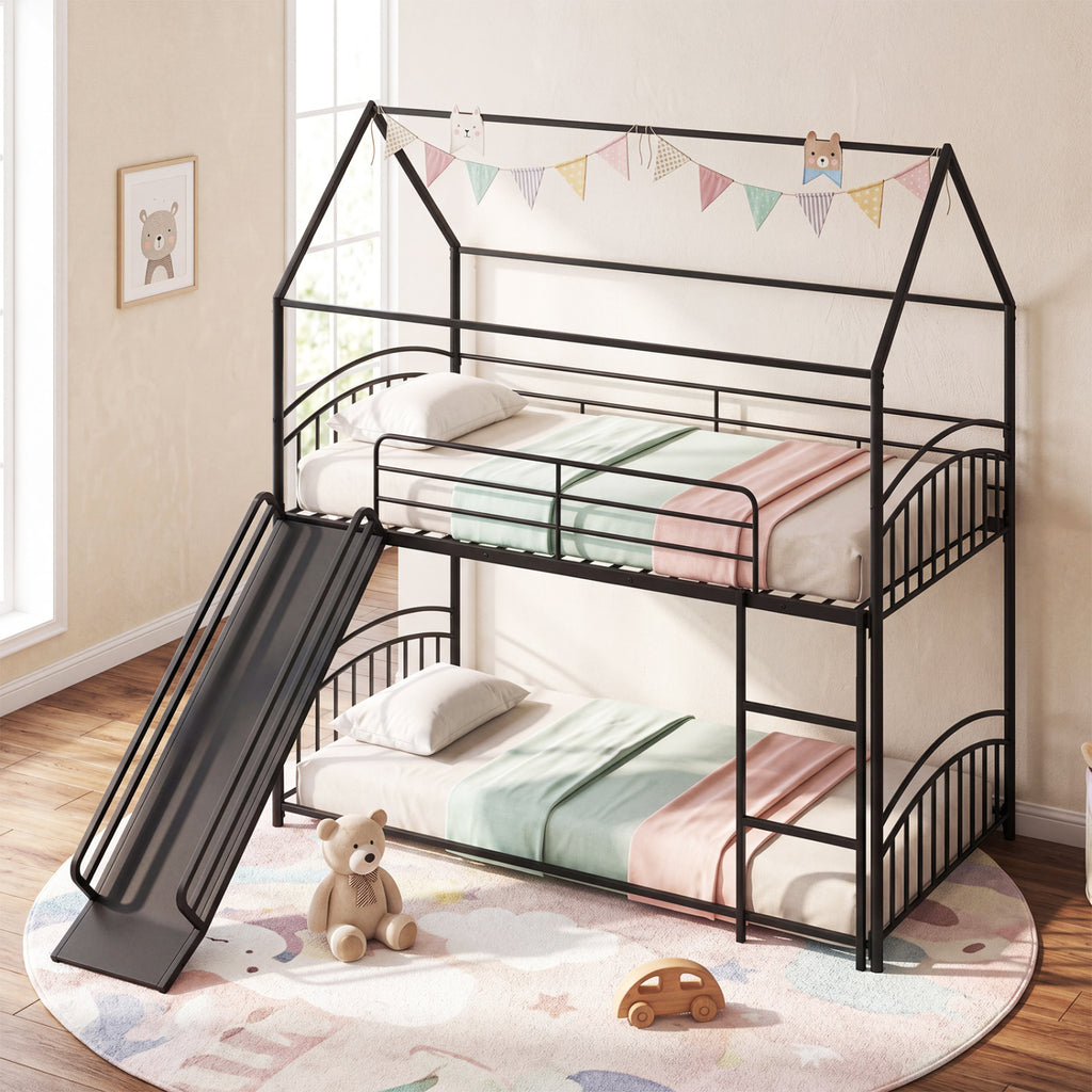 Bunk Bed Twin Over Twin House Bunk Bed Frame with Metal Slats-Black