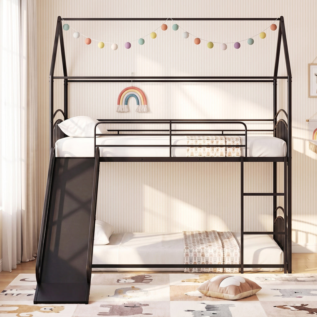 Bunk Bed Twin Over Twin House Bunk Bed Frame with Metal Slats-Black