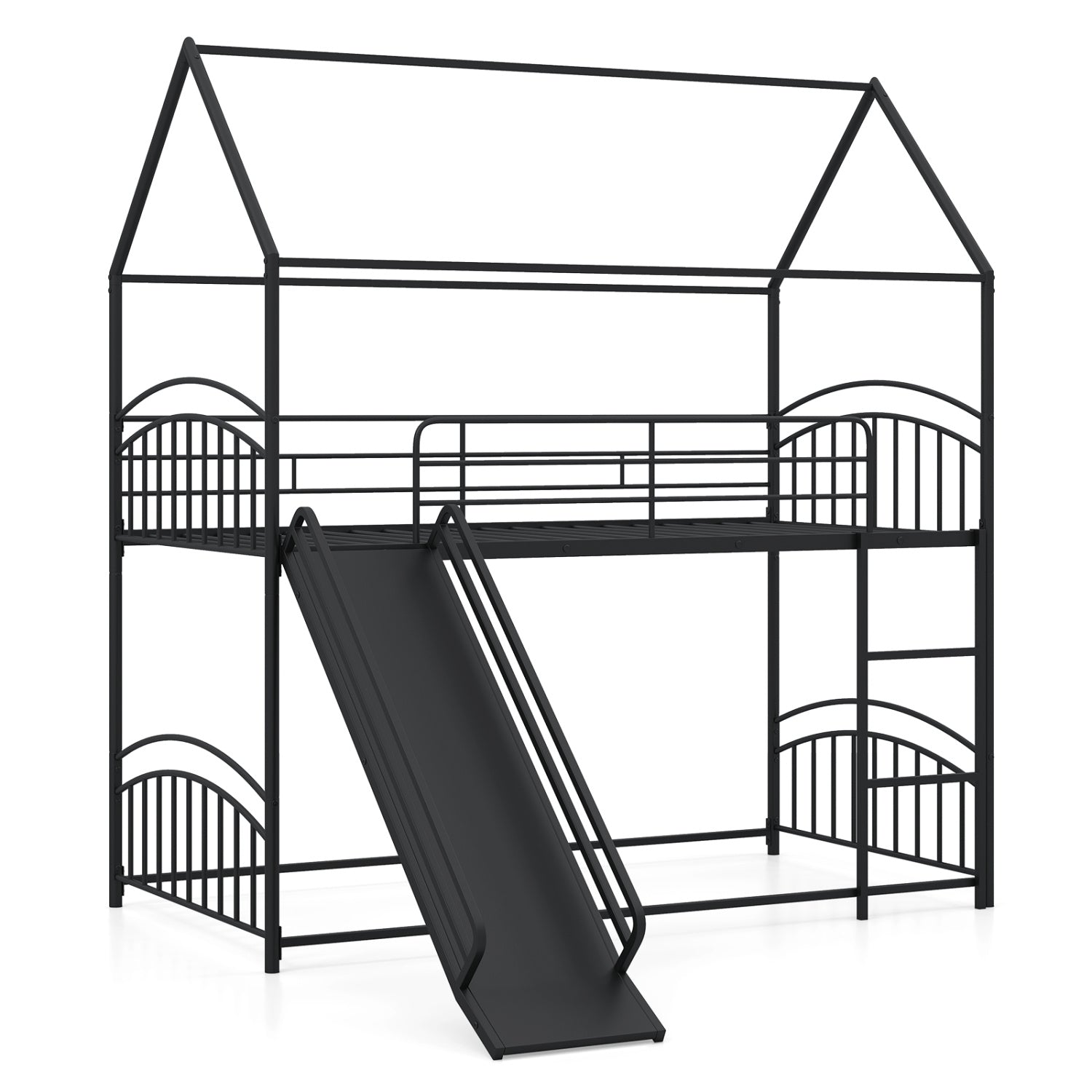 Bunk Bed Twin Over Twin House Bunk Bed Frame with Metal Slats-Black