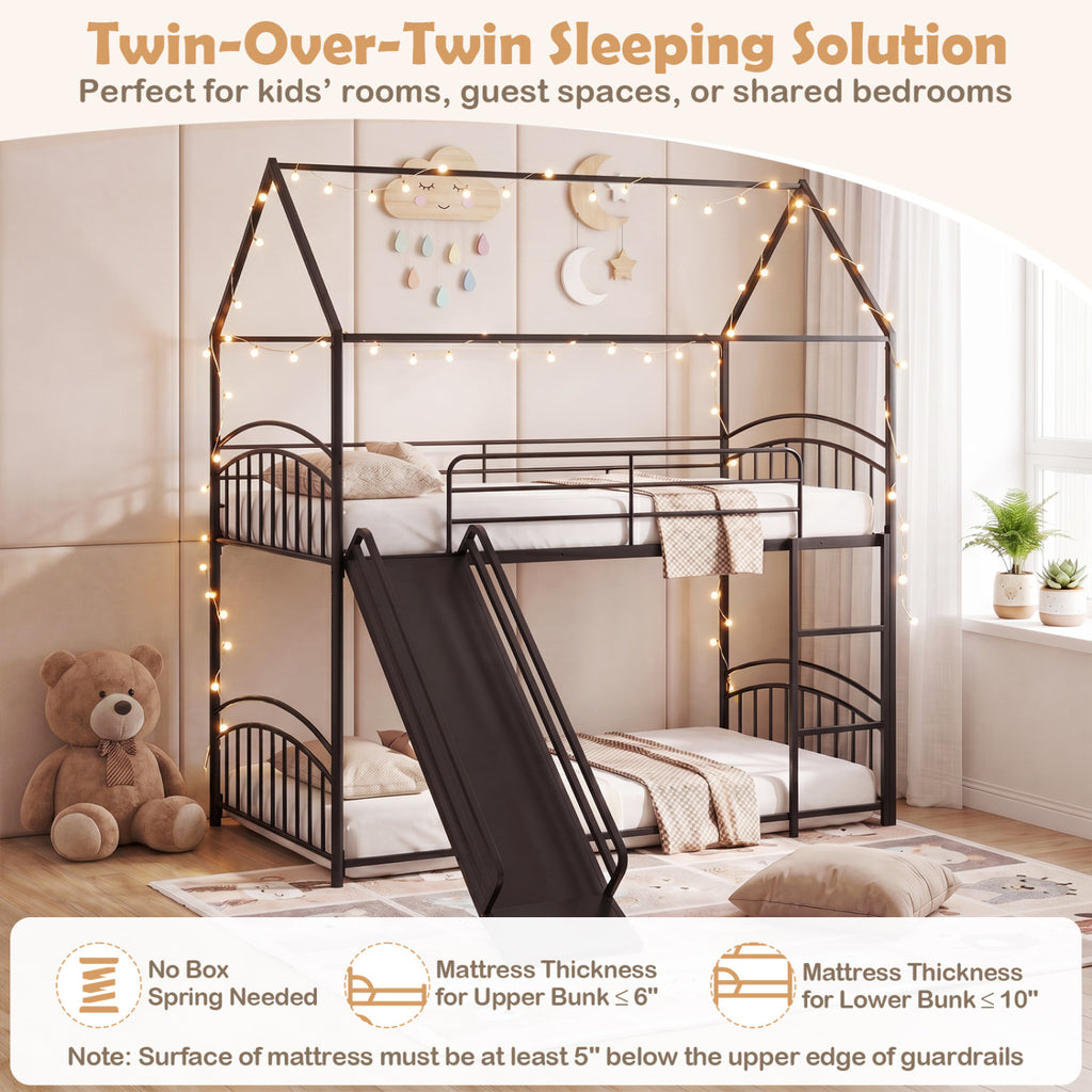 Bunk Bed Twin Over Twin House Bunk Bed Frame with Metal Slats-Black