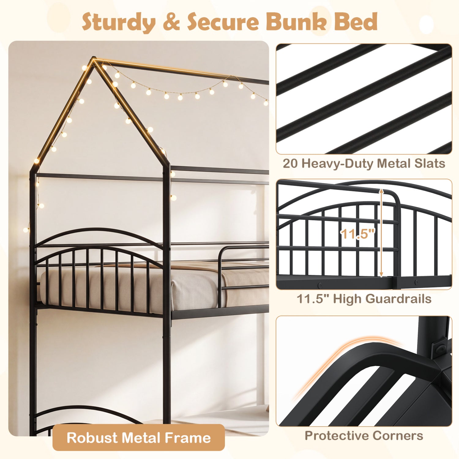 Bunk Bed Twin Over Twin House Bunk Bed Frame with Metal Slats-Black