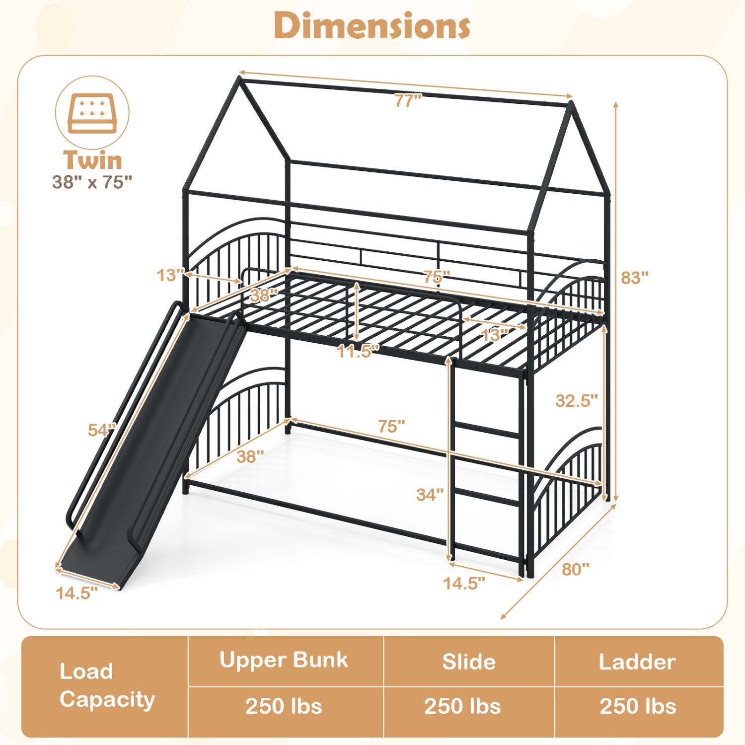 Bunk Bed Twin Over Twin House Bunk Bed Frame with Metal Slats-Black