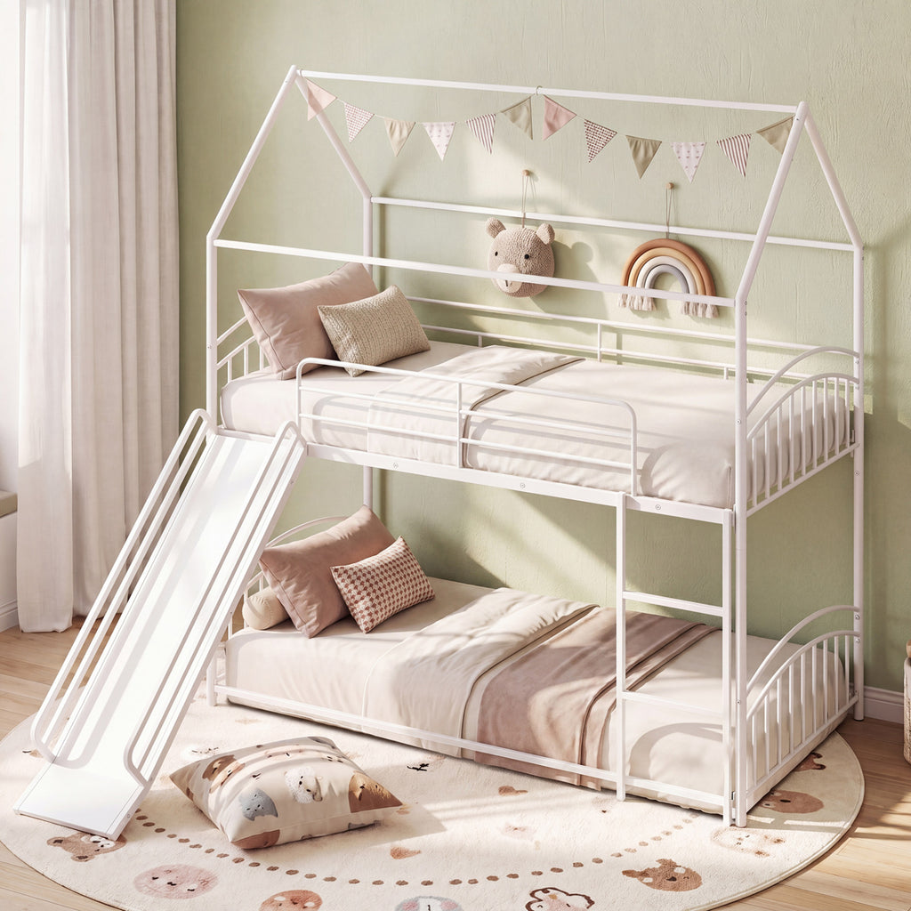 Bunk Bed Twin Over Twin House Bunk Bed Frame with Metal Slats-White