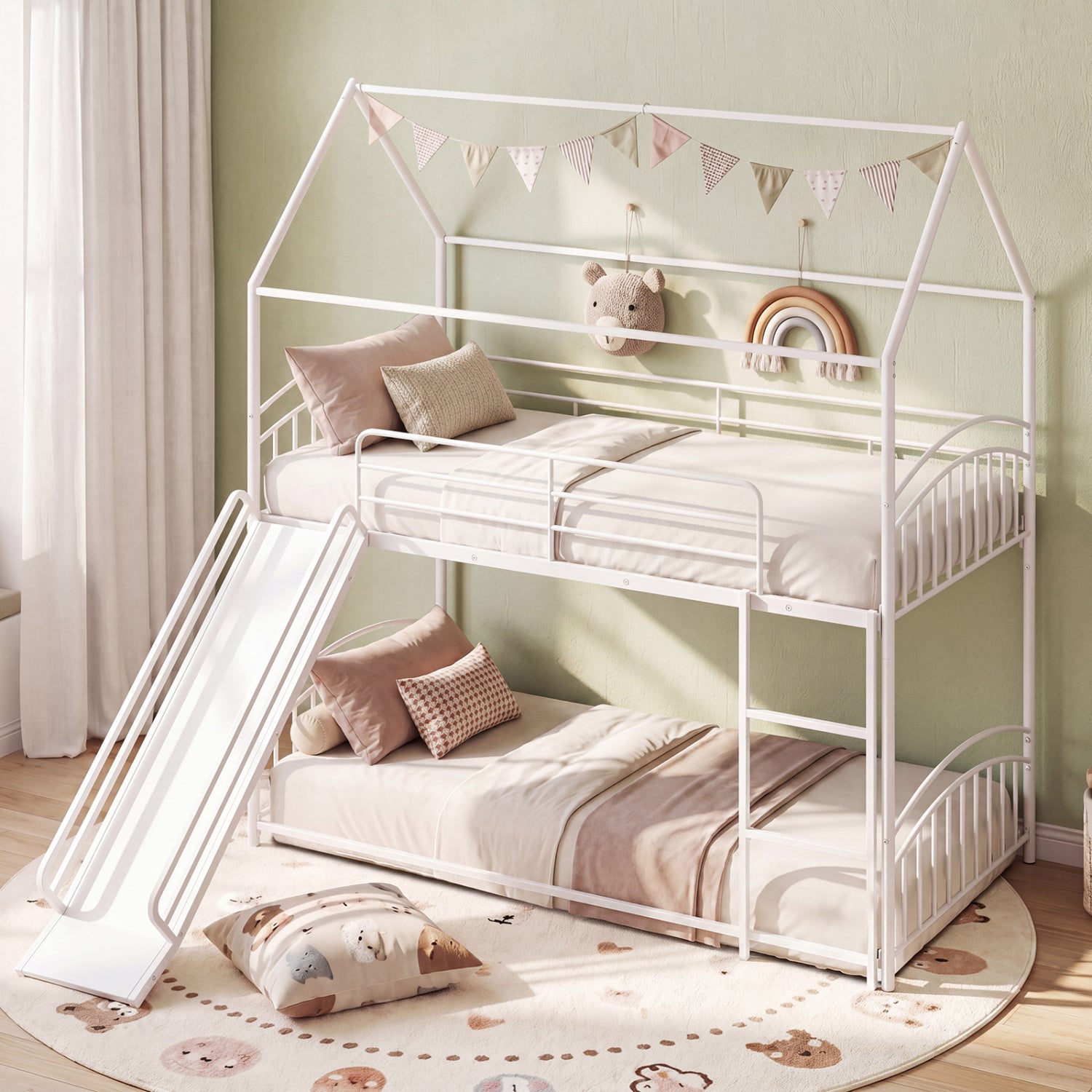 Bunk Bed Twin Over Twin House Bunk Bed Frame with Metal Slats-White