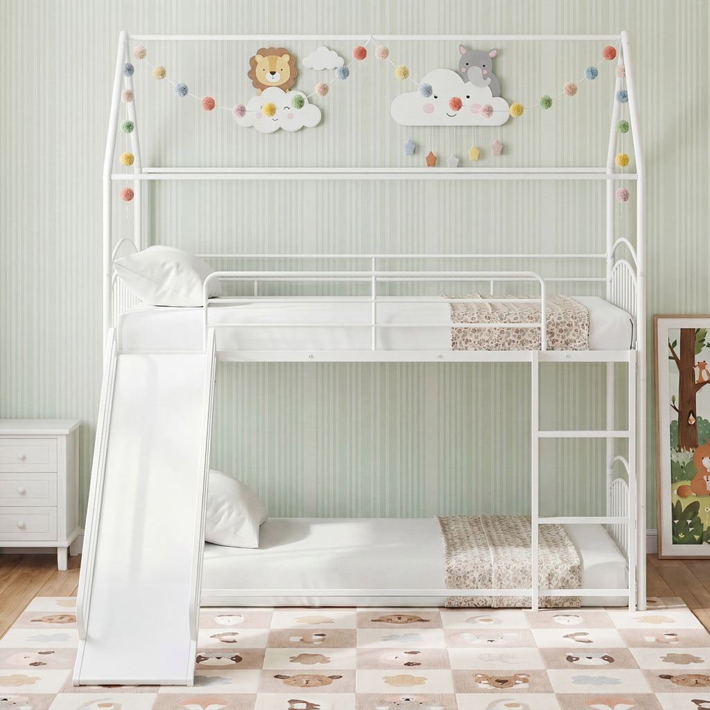 Bunk Bed Twin Over Twin House Bunk Bed Frame with Metal Slats-White