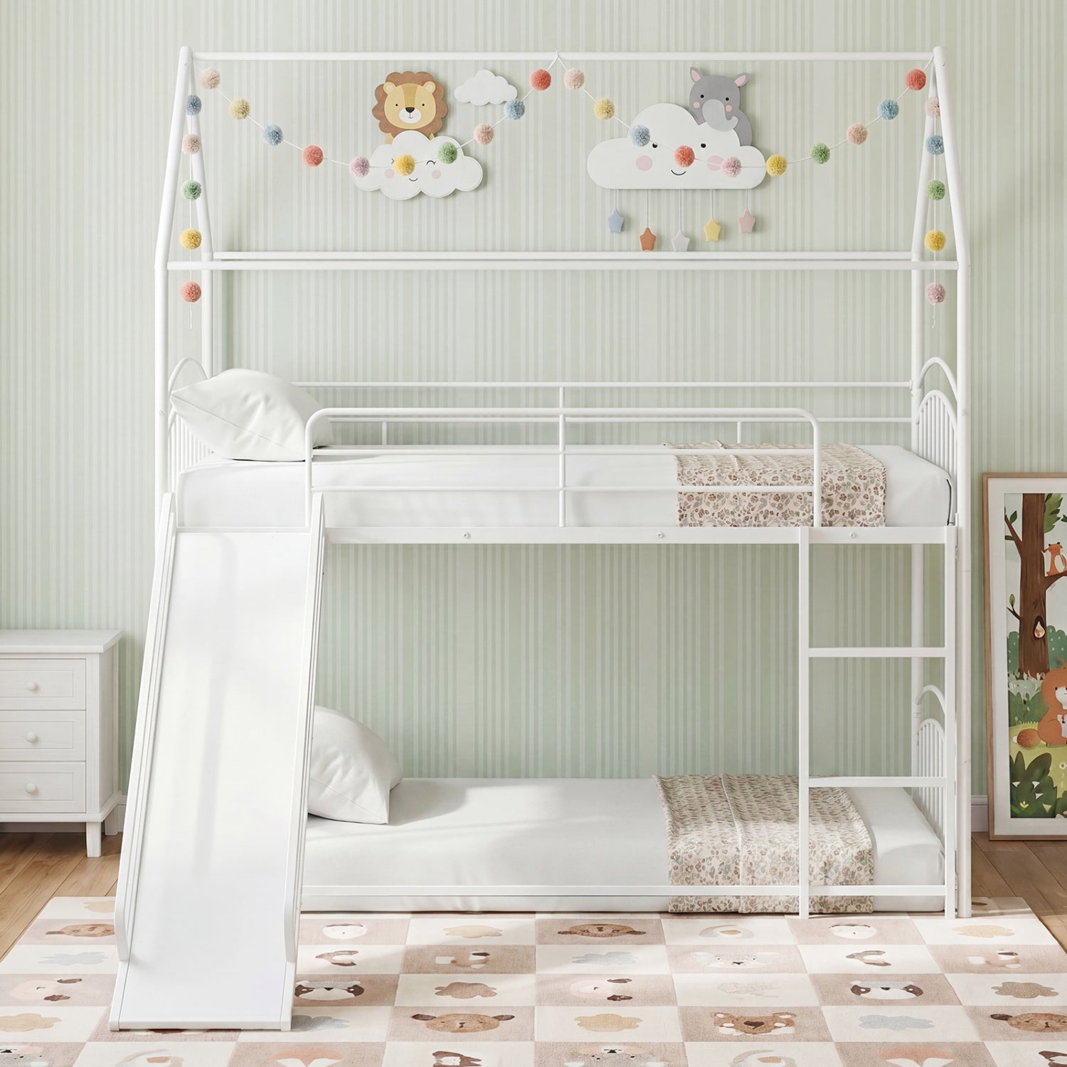 Bunk Bed Twin Over Twin House Bunk Bed Frame with Metal Slats-White