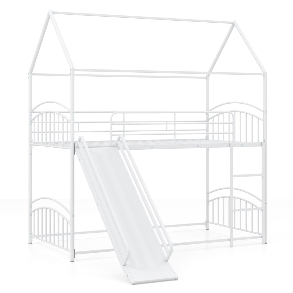 Bunk Bed Twin Over Twin House Bunk Bed Frame with Metal Slats-White