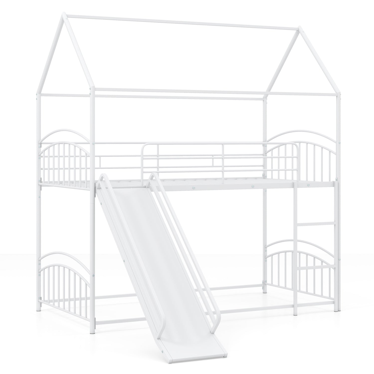 Bunk Bed Twin Over Twin House Bunk Bed Frame with Metal Slats-White