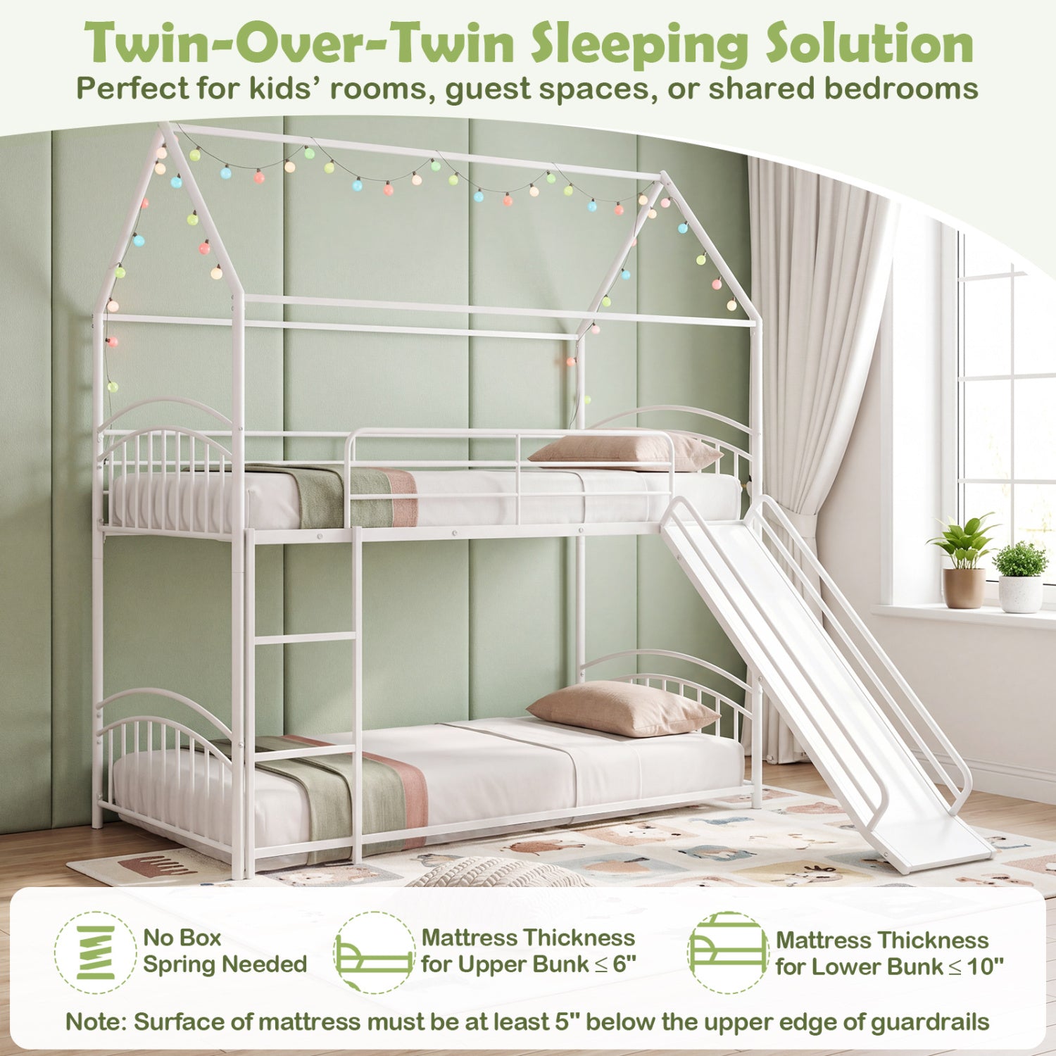 Bunk Bed Twin Over Twin House Bunk Bed Frame with Metal Slats-White