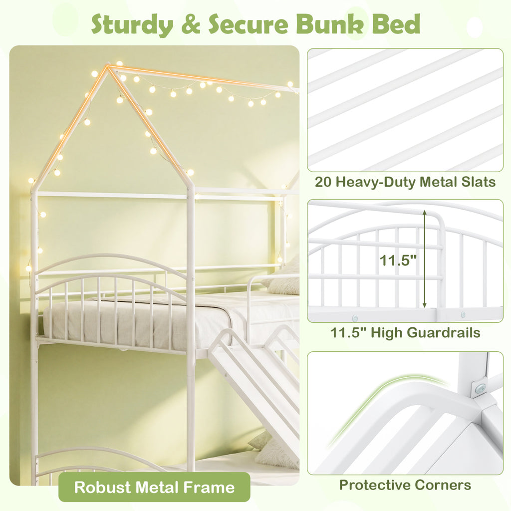 Bunk Bed Twin Over Twin House Bunk Bed Frame with Metal Slats-White