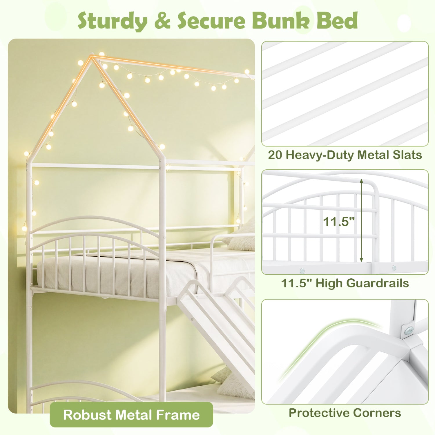Bunk Bed Twin Over Twin House Bunk Bed Frame with Metal Slats-White