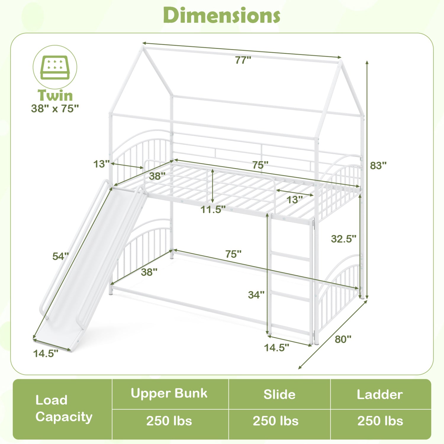 Bunk Bed Twin Over Twin House Bunk Bed Frame with Metal Slats-White