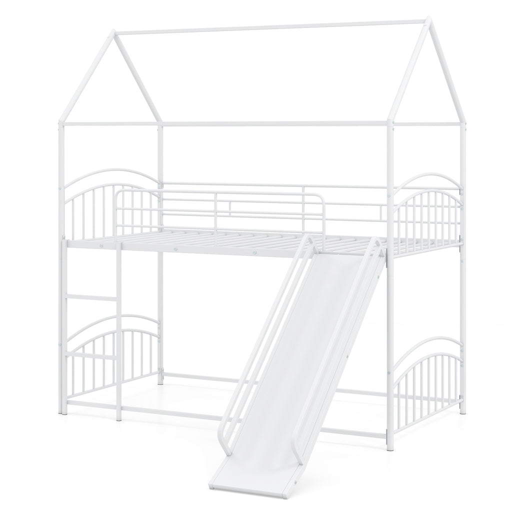 Bunk Bed Twin Over Twin House Bunk Bed Frame with Metal Slats-White