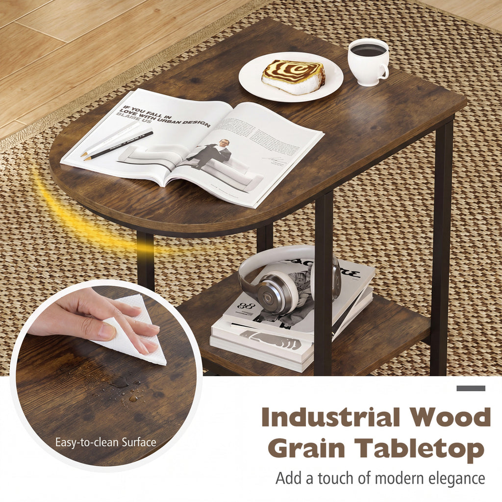 C-shaped Modern Sofa Side Table with Faux Marble Tabletop and Storage Shelf-Rustic Brown