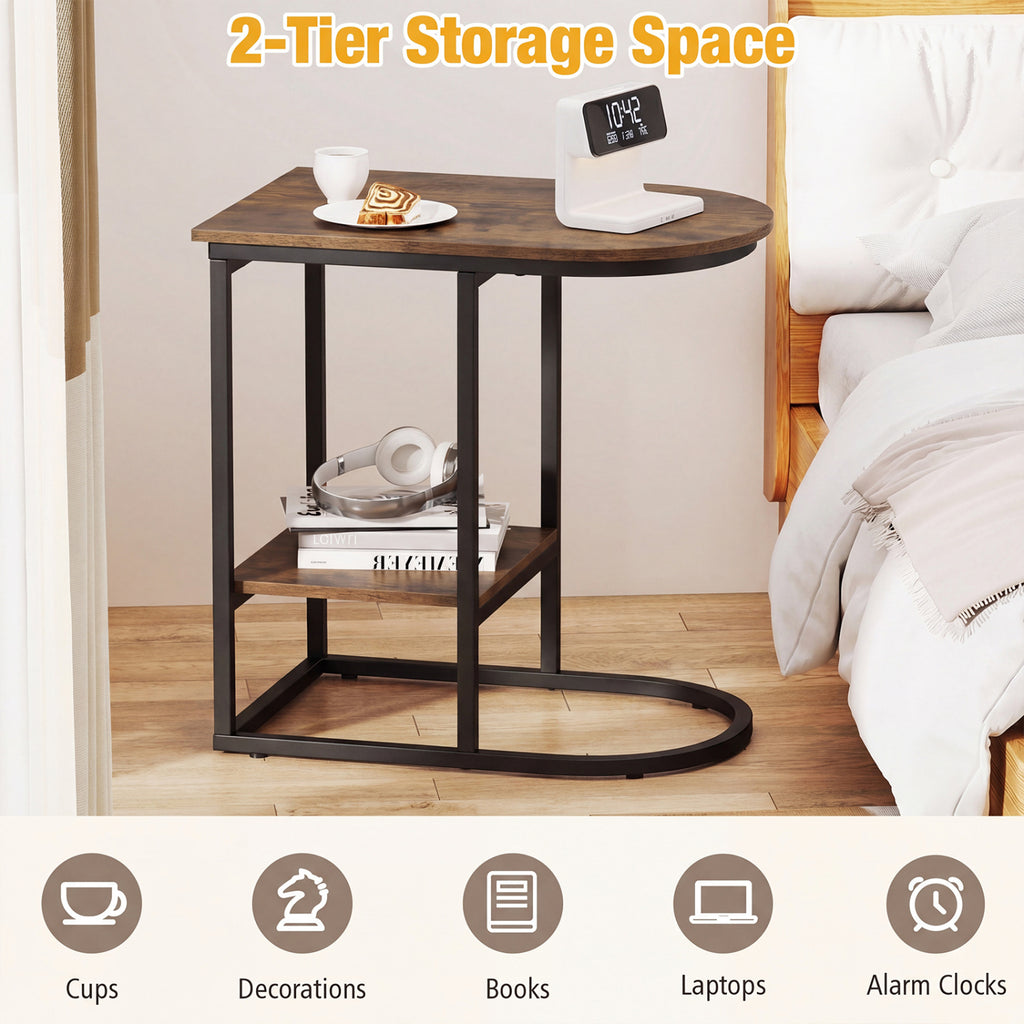 C-shaped Modern Sofa Side Table with Faux Marble Tabletop and Storage Shelf-Rustic Brown