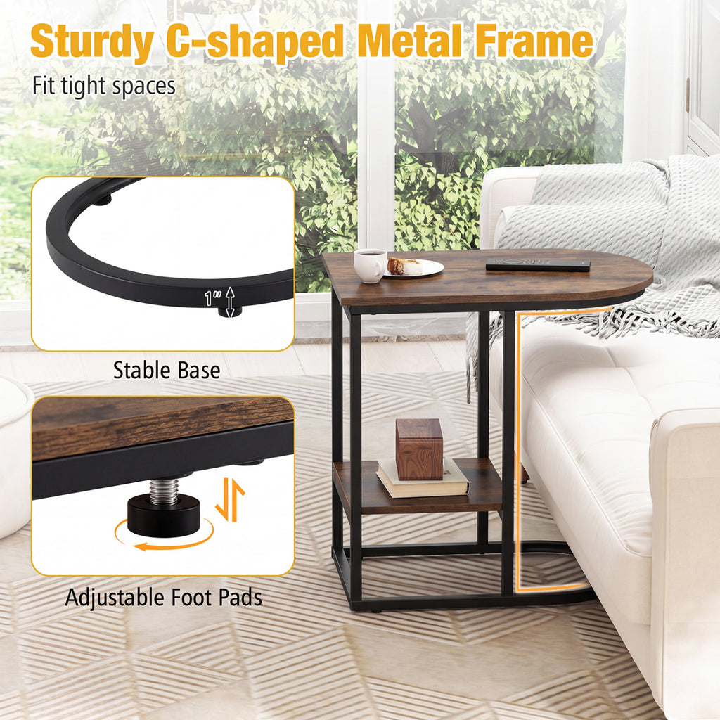 C-shaped Modern Sofa Side Table with Faux Marble Tabletop and Storage Shelf-Rustic Brown