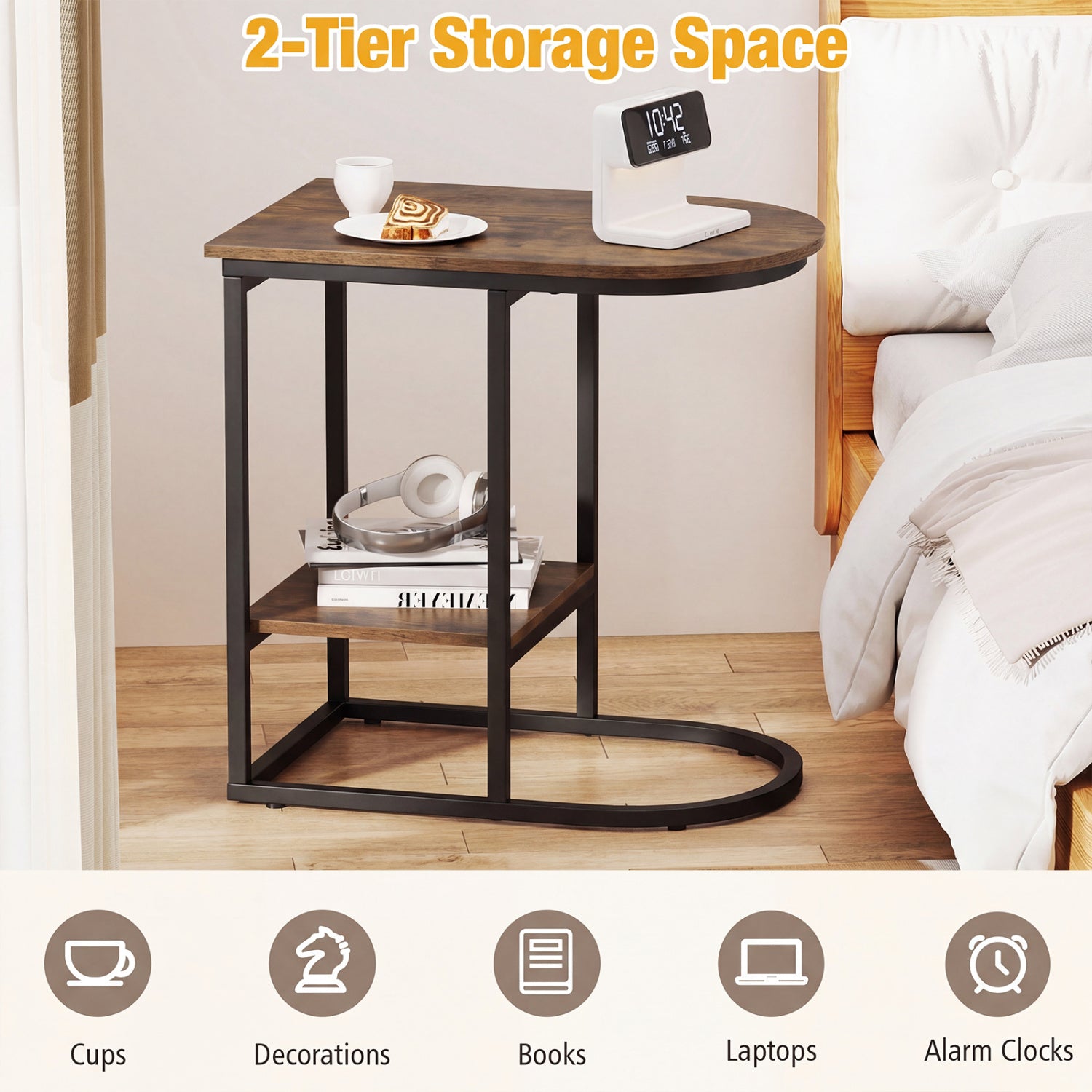 C-shaped Modern Sofa Side Table with Storage Shelf Faux and Marble Tabletop -Rustic Brown
