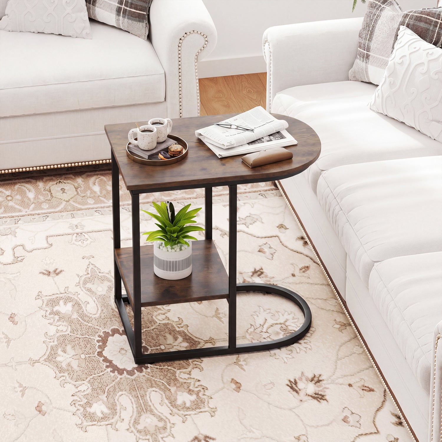 C-shaped Modern Sofa Side Table with Storage Shelf Faux and Marble Tabletop -Rustic Brown