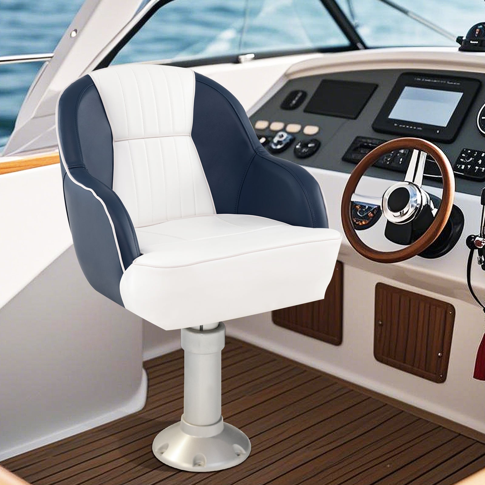 Captain Bucket Seat Pontoon Boat Chair with PVC Leather and Armrests-Blue