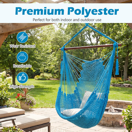 Caribbean Hammock Chair with Metal Spreader Bar Woven Rope Swing-Blue