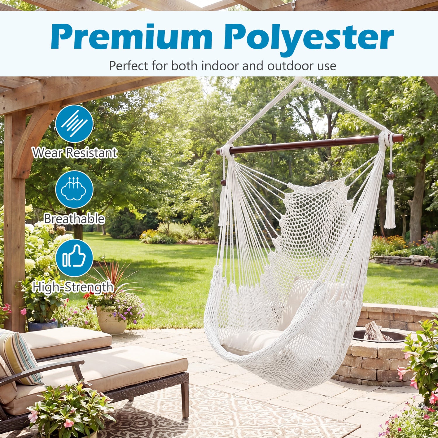 Caribbean Hammock Chair with Metal Spreader Bar Woven Rope Swing-Beige