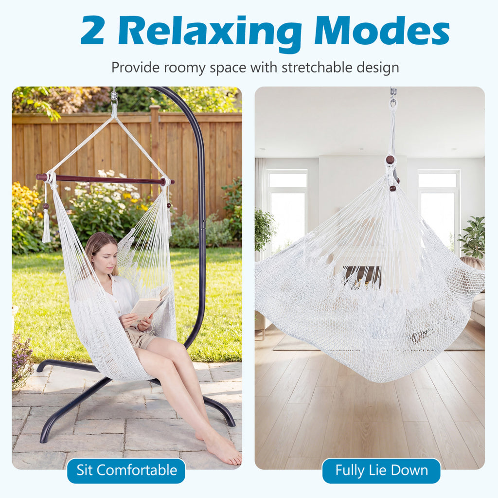 Caribbean Hammock Chair with Metal Spreader Bar Woven Rope Swing-Beige