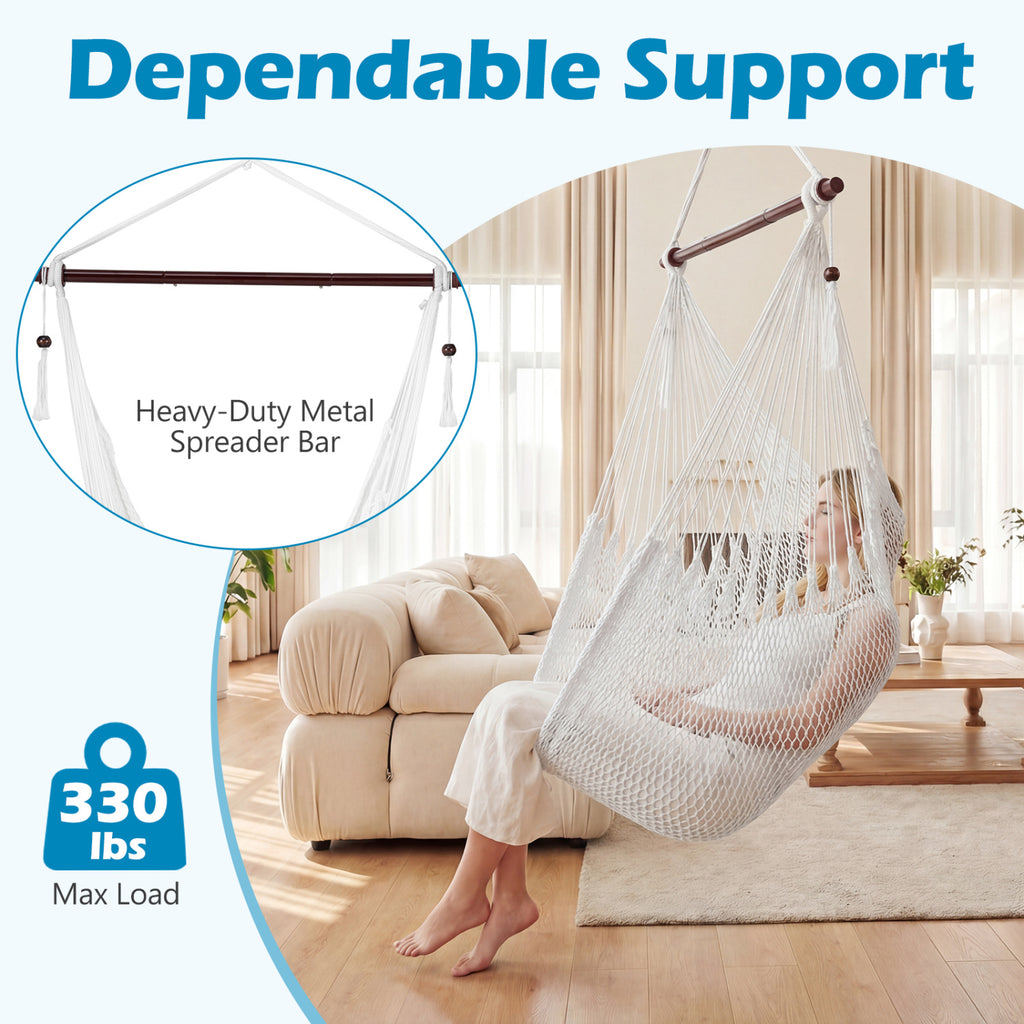 Caribbean Hammock Chair with Metal Spreader Bar Woven Rope Swing-Beige
