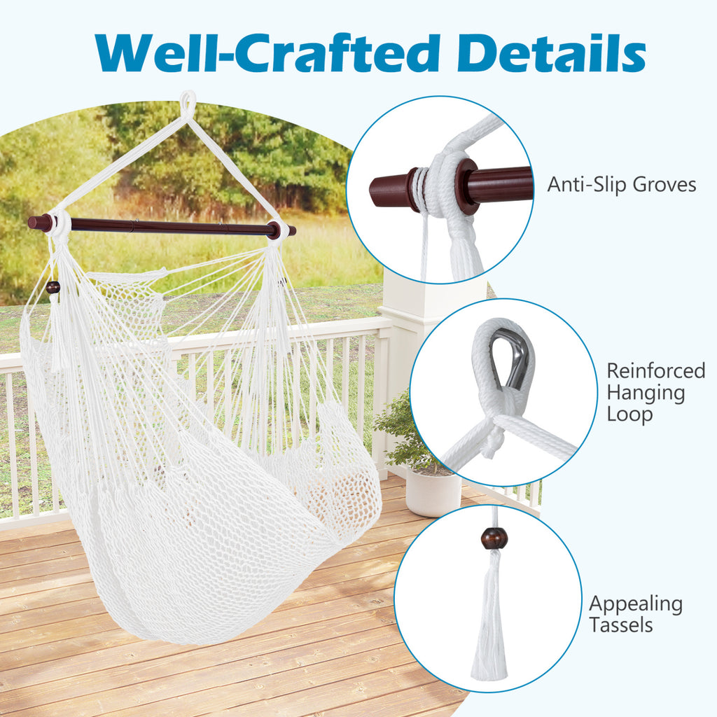 Caribbean Hammock Chair with Metal Spreader Bar Woven Rope Swing-Beige