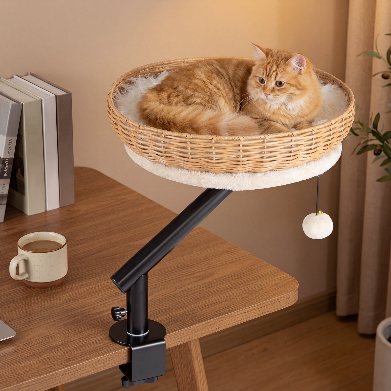 Cat Desk Bed with Removable Padded Cushion for Indoor Cats-Natural
